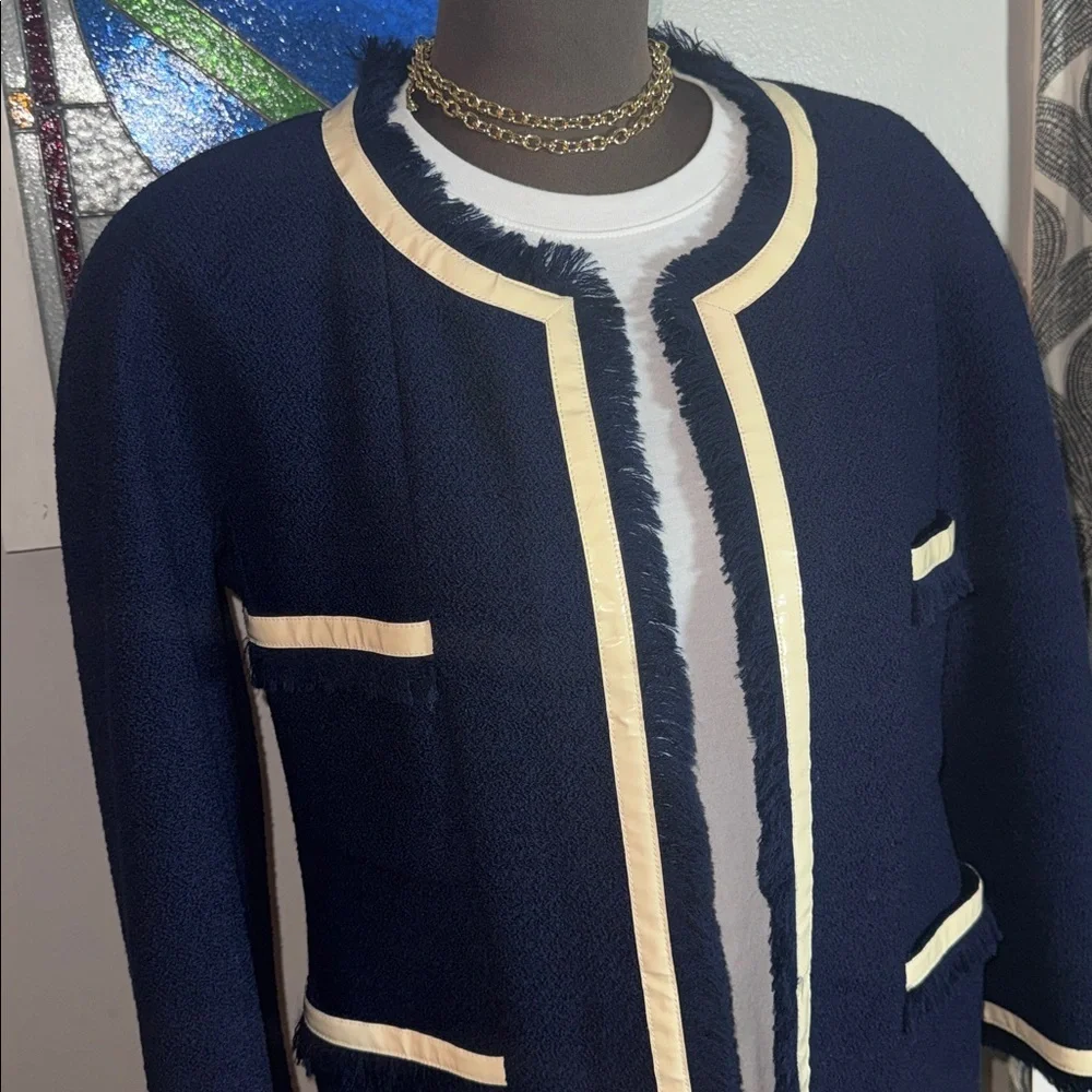 Vintage CHANEL Navy Tweed Fringed Jacket with Cream Vinyl Trim SZ40